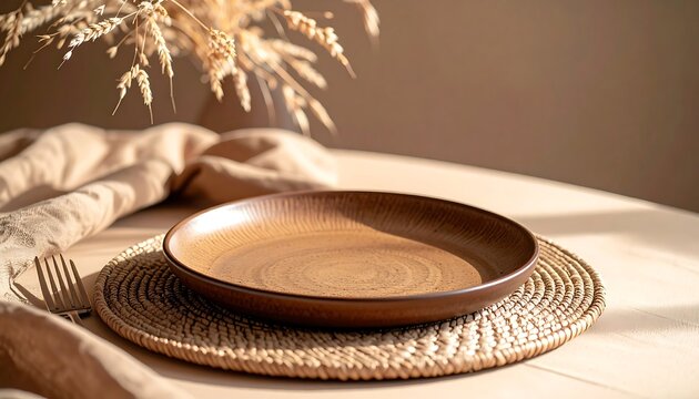 Empty Plate on Table with Wheat Decoration in Soft Natural Light