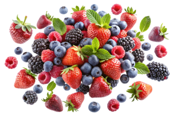 Falling wild berries mix strawberry raspberry blueberry blackberry isolated on transparent