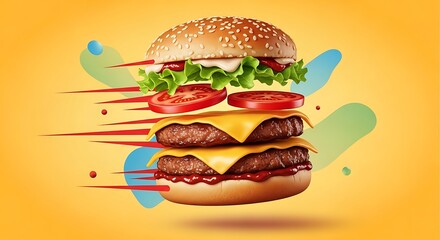 A delicious double cheeseburger in mid-air, with vibrant colors and dynamic lines, highlighting the fast food experience.