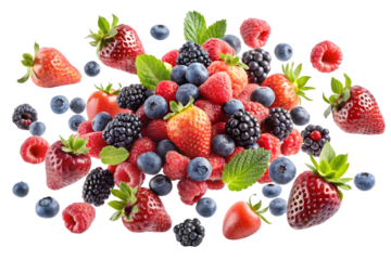 Falling wild berries mix strawberry raspberry blueberry blackberry isolated on transparent
