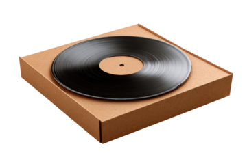 A black vinyl record inside a tan cardboard box