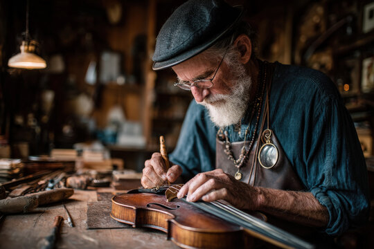 Violin maker carving a scroll in traditional workshop with magnifying lens