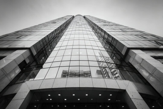 Black and white photo of a modern glass skyscraper with bold reflections and geometric design