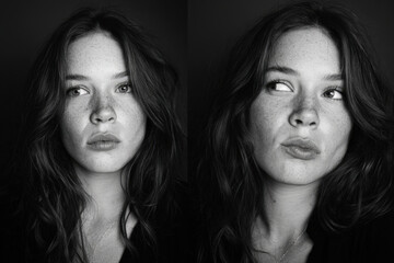 Black and white portrait showing dual subtle facial expressions of a person