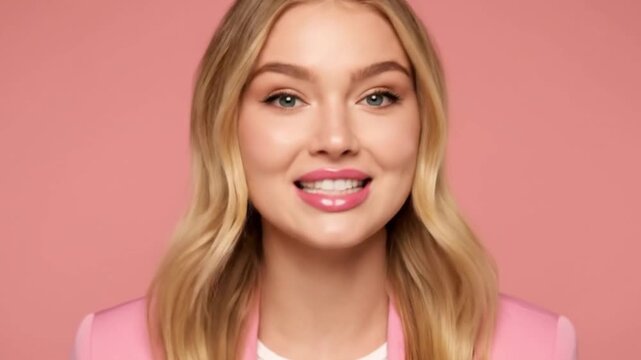 A fairskinned woman with blonde hair pouting her lips in front of a pink background