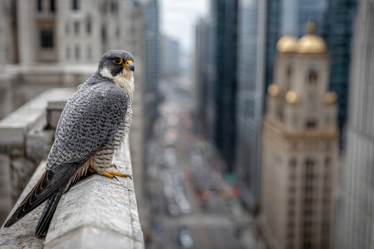 Peregrine falcon perched on skyscraper ledge watching pigeons below cityscape