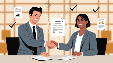  Business handshake confirming contract agreement in modern office setting, symbolizing partnership, approval, professionalism, and collaboration