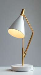 desk lamp with gold accent, suspended product shot, crisp details and clean setup, evening white tone, white background