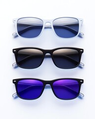 stylish sunglasses, neatly stacked layout, crisp details and clean setup, evening white tone, pure white backdrop