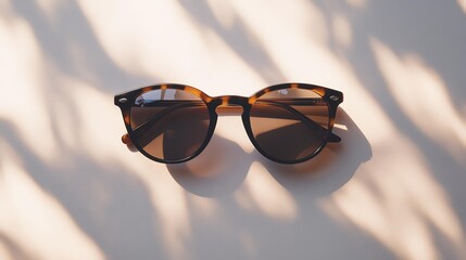 stylish sunglasses, flat lay with shadows, crisp details and clean setup, simple composition, plain white scene