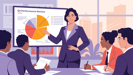 Q1 performance review presentation in modern office with team discussing pie chart data and strategy, showcasing business analysis and teamwork