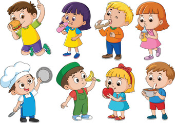 Cartoon children eating and drinking, holding snacks, fruits, and kitchen tools, colorful food-themed illustration for kids, nutrition, and lifestyle content