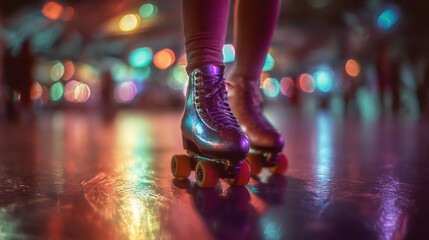 Shiny roller skates under neon lights on reflective floor