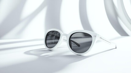 stylish sunglasses, neatly stacked layout, evening white tone, luxurious feel, clean white setting