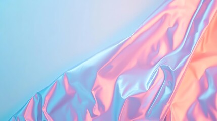 Iridescent fabric with smooth folds reflecting pink and blue hues, creating a shiny, silky texture under soft lighting.