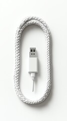 braided charging cable, minimal top view, photorealistic mockup style, dimensional shadow on white, pure white backdrop