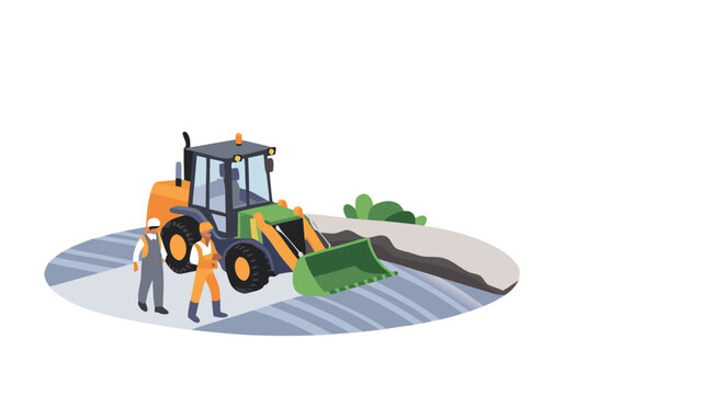 Illustration of a backhoe loader with two workers on a construction site with dirt and grass area