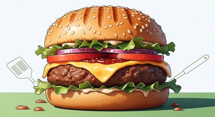 A delicious, fully-loaded hamburger with fresh ingredients and sesame seed bun.