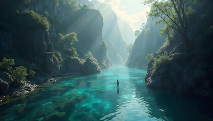 Obraz premium Serene River Journey: A solitary figure stands in a pristine, turquoise river, navigating a dramatic canyon landscape sculpted by nature, radiating tranquility and the essence of exploration.