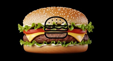 A juicy hamburger with sesame seed bun, cheese, tomato, lettuce, and sauce is displayed against a black background.