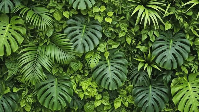 A lush wall of vibrant green monstera and fern leaves creates a tropical paradise