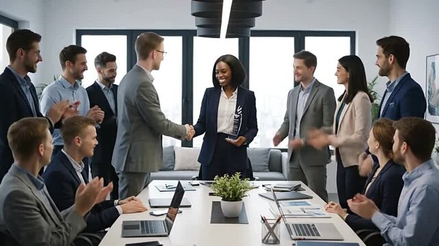 A woman receives an award in an office surrounded by colleagues who are clapping and congratulating her