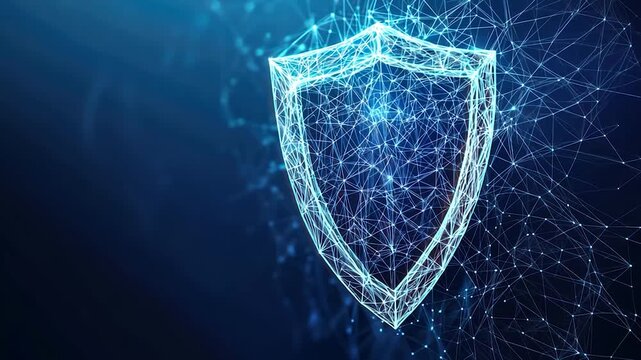 A digital shield made of interconnected lines and nodes, symbolizing cybersecurity and protection.