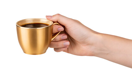 Woman's hand gently hold a warm gold coffee mug, a perfect morning beverage
