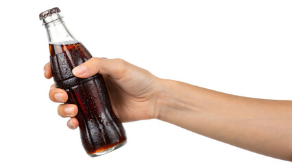 Hand holding an isolated, cold, glass cola bottle with a blank cap
