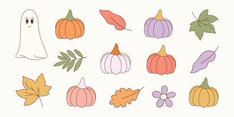 Cute halloween set in cartoon character. Happy magic collection, pumpkin,  ghost, autumn leaves. Hand drawn flat elements for sticker, party. Fall groovy isolated vector illustration.