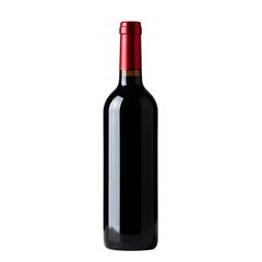 Red wine bottle with cork and red foil cap on white background  