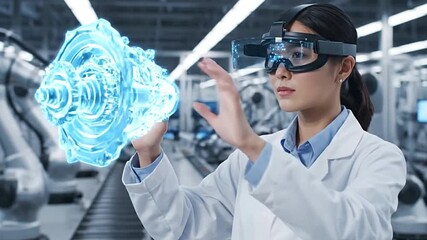A woman wearing AR goggles examines a holographic engine part within a factory setting - Powered by Adobe