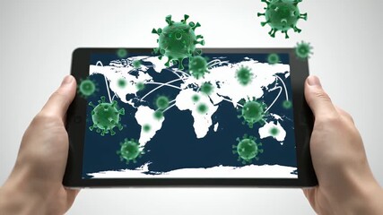 Digital Tablet Displaying Global Virus Spread Visualization with Green Virus Icons and World Map on White Background - Powered by Adobe