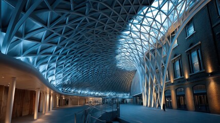 Spectacular contemporary interior design with geometric roof and skylight
