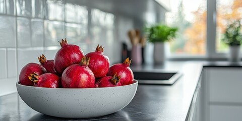 Luxury minimalist Christmas setting idea. Bowl of pomegranates on a kitchen countertop.