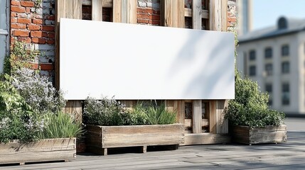 Blank urban advertisement space on rustic brick wall surrounded by greenery for modern shop display