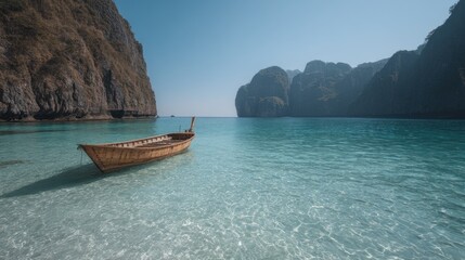 Obraz premium Serene Tropical Waters: A Wooden Boat Amidst Limestone Karsts