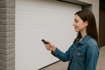 Generative AI: Garage door PVC. Girl or young woman use remote controller for closing and opening garage door 