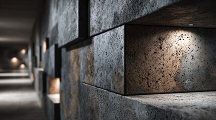 Textured concrete wall with recessed lights casting a warm glow in a dim hallway
