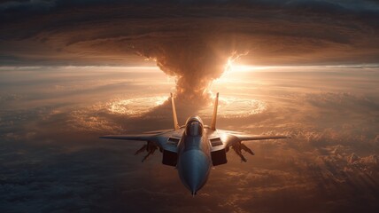 AI pilot maneuvers vertical defense jet amid thermonuclear storm over glowing Earth surface