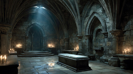 Ancient stone crypt with atmospheric lighting and arched ceilings