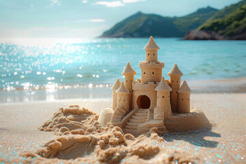 Sandcastle by serene beach at sunny day with backdrop of beautiful landscape and sparkling ocean
