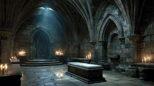 Ancient stone crypt with atmospheric lighting and arched ceilings