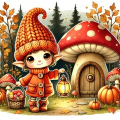 Cartoon elf character in orange knitted hat and coat holding lantern standing near mushroom house with pumpkins and basket of autumn flowers.
