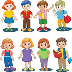 Cartoon children with colorful outfits, unique hairstyles, and accessories, standing in rows, ideal for kids fashion, diversity, and education themes
