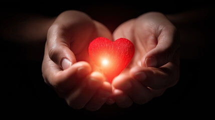 Fototapeta premium Hands holding a glowing red heart, symbol of health and compassion
