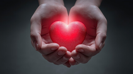 Fototapeta premium Hands holding a glowing red heart, symbol of health and compassion