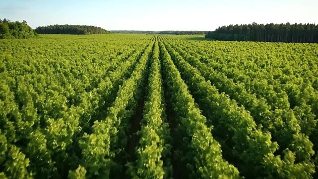Aerial view of a vast green crop field with trees in the distance
