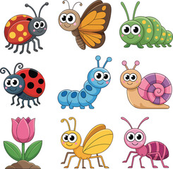 Cartoon insects and flower—ladybug, butterfly, caterpillar, snail, bee, ant, tulip—colorful and playful design for kids and education themes