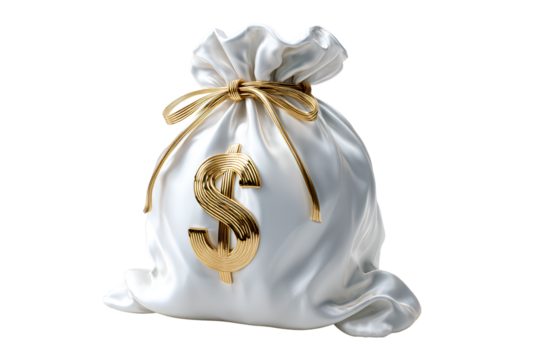 Luxury Satin White Money Sack with 3D Embossed Gold Dollar Emblem Angled Side View Isolated on Transparent Background PNG